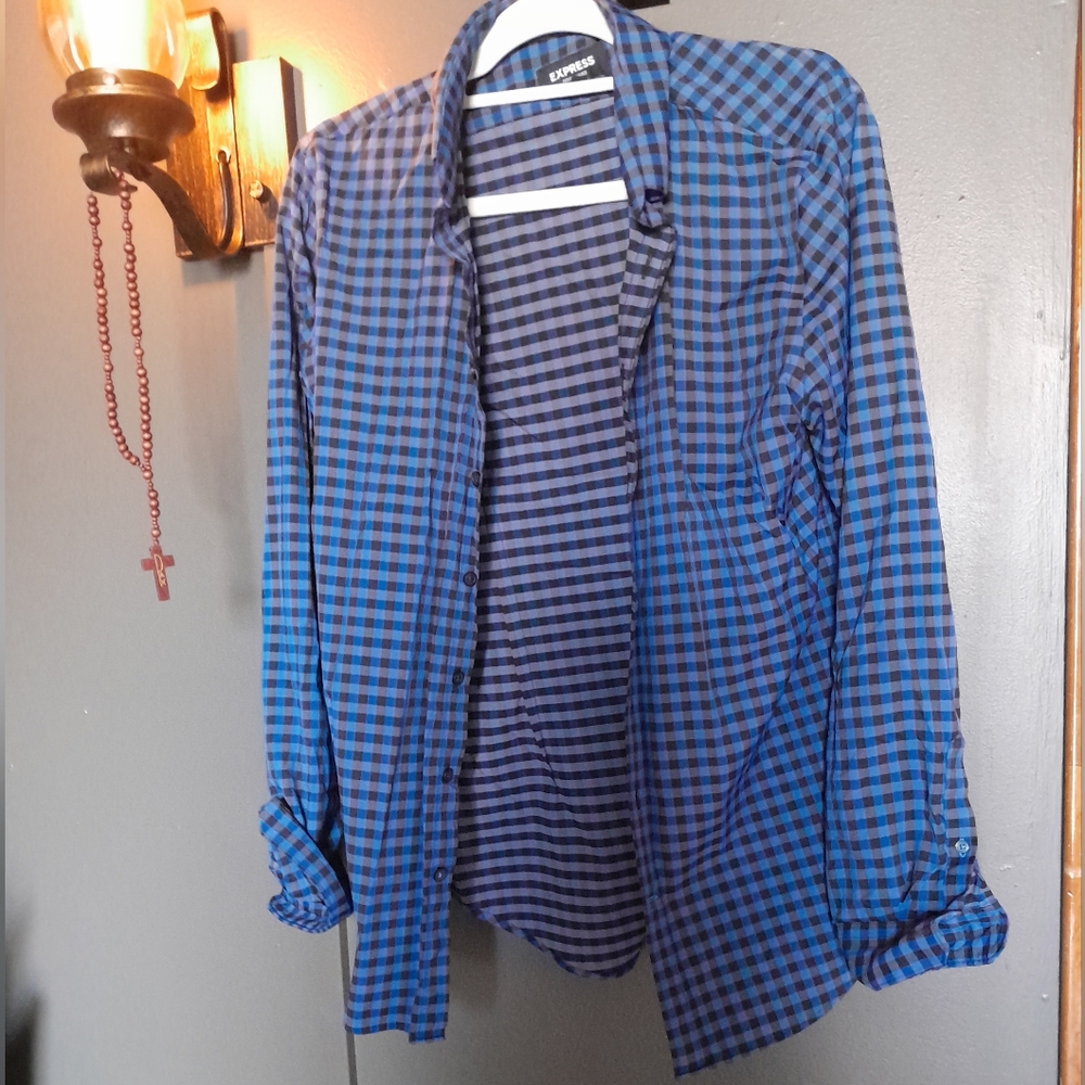 Blue and Black Checkered Button-Up Shirt